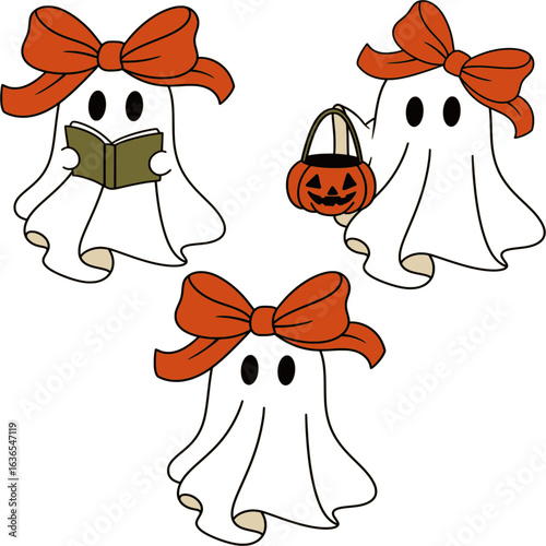 Vector set of cute halloween ghosts isolated on white background