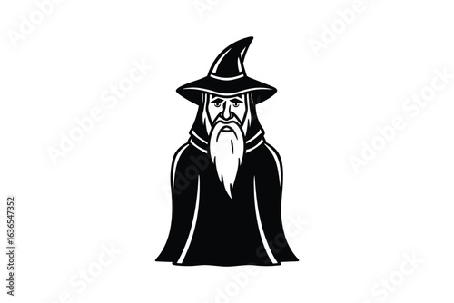 Wise Old Wizard in a Pointed Hat Silhouette Illustration
