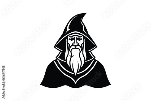 Wise Old Wizard in Hooded Robe Silhouette Illustration
