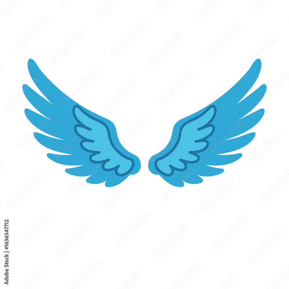 Obraz premium Blue angel wings vector illustration in flat design, symmetrical feathered wings isolated on white background.