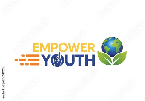 Photo of empower youth logo with globe and green leaves isolated on white background