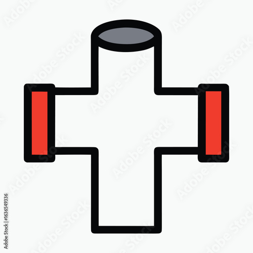 Vector art of plumbing pipe fitting in a cross shape with red connectors, isolated on white background