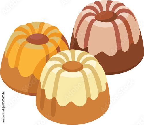 Mini bundt cakes with sweet glaze on white background