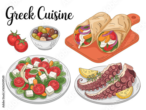 Assortment of Greek Cuisine featuring Salad Olives Souvlaki and Octopus Grilled Ready to Eat and Enjoy