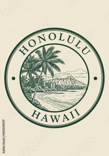 Honolulu Hawaii vintage travel stamp with tropical beach and palm tree landscape