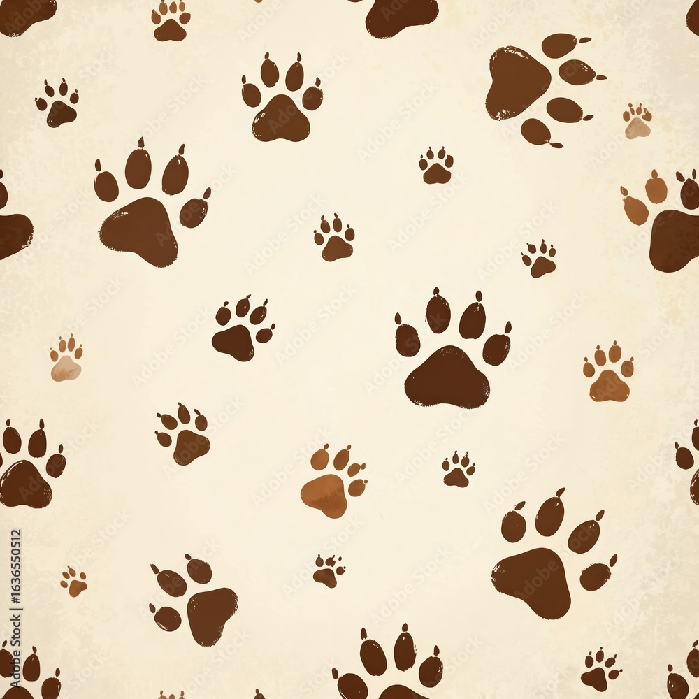 Obraz premium Cute seamless pattern of brown paw prints on a light beige background. This adorable illustration features a playful, repetitive motif ideal for pet-themed designs, fabric, or digital art backgrounds.