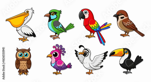 A collection of eight colorful cartoon bird stickers, including a pelican, macaw, toucan, and owl, with cute, friendly expressions.