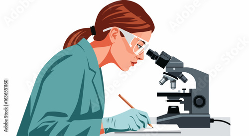 Focused female scientist in a teal lab coat and safety glasses using a microscope and writing notes with a pencil.