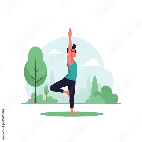 Healthy Young Man Practicing Yoga in the Park, Maintaining Balance in a Tree Pose (Vrksasana) Against a Serene Nature Background