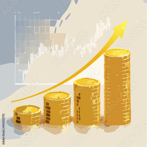 Financial growth concept with golden coin stacks and an upward trend arrow. Business investment, profit, and success.