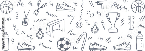 Hand drawn doodle sports equipment and trophy with wavy lines and zigzags basketball soccer ball