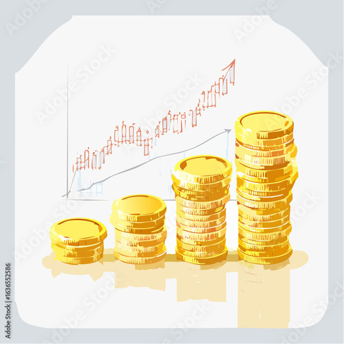 Illustration of rising gold coin stacks and a financial chart showing economic growth, investment returns, and wealth accumulation.