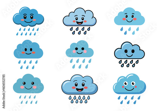 Smiling rain cloud Vector Illustration, Smiling rain cloud Icon Set