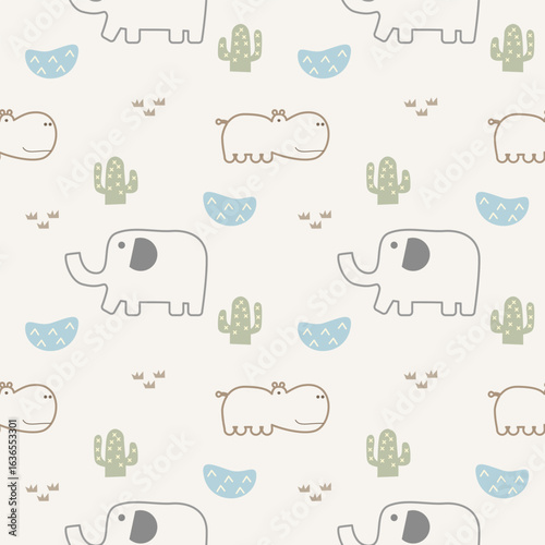 Elephant and hippopotamus draw cartoon so cute. On cactus swamp grass background. Pattern seamless vector illustration.  