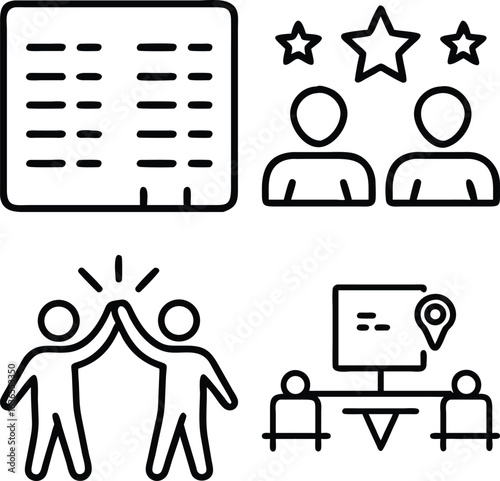 A collection of four line art icons depicting teamwork, success, planning, and achievement, symbolizing collaboration and business growth.