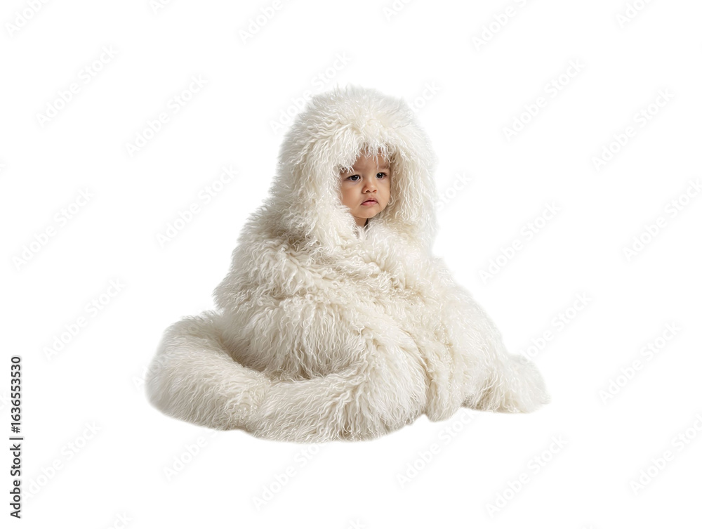 Obraz premium PNG of A young girl with light skin wrapped in a fluffy white blanket, exuding a cozy and whimsical charm. - on Transparent or White BG