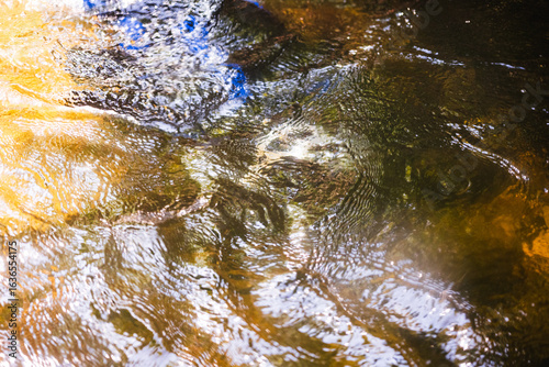 Ripples on the surface of water with golden riverbed seen underneath