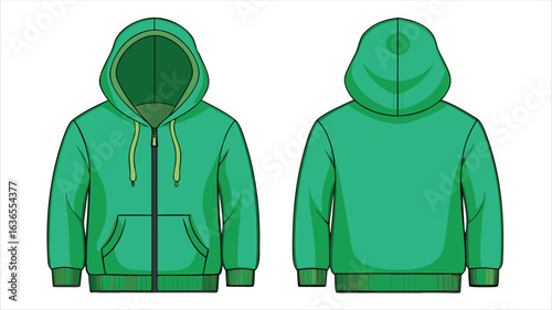 Front and back view of a green hooded sweatshirt with zipper