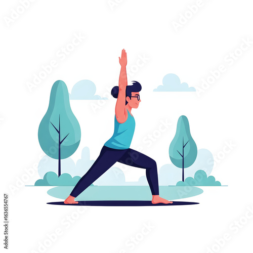 Healthy Young Man Practicing Yoga in the Park, Maintaining Balance in a Tree Pose (Vrksasana) Against a Serene Nature Background