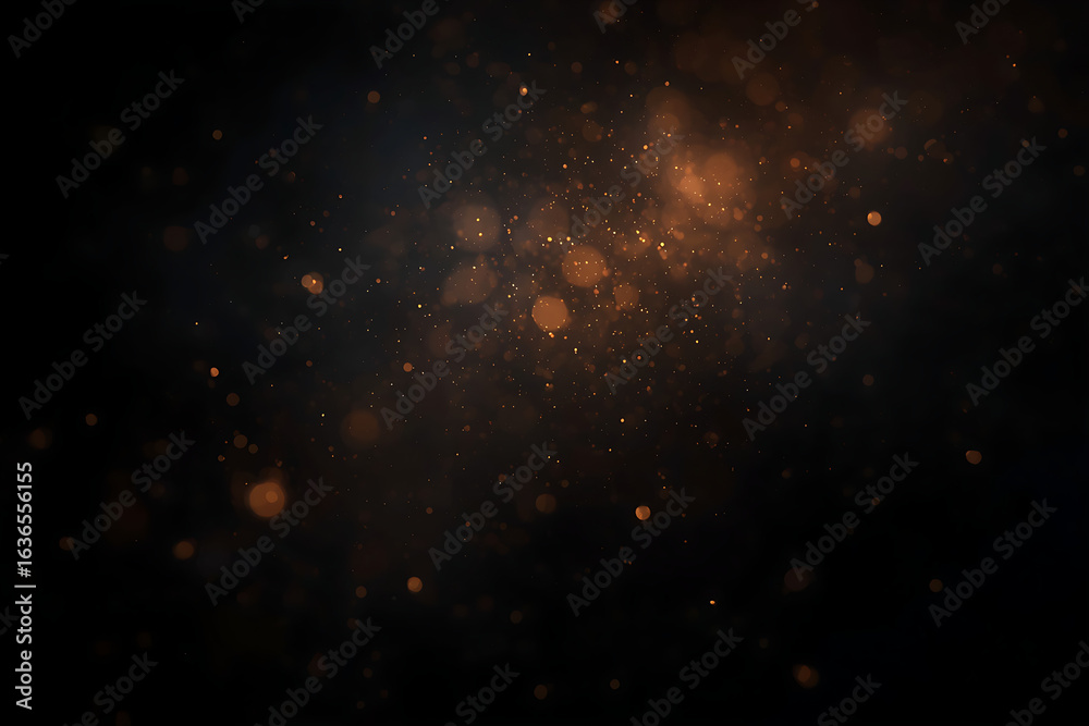 Fototapeta premium The image features a dark abstract background with deep black tones, soft orange blurry light flares, scattered light particles, and subtle lens scratches, creating a moody cinematic texture.