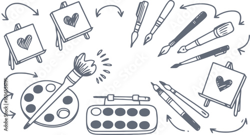 Whimsical hand drawn art supplies and easels with hearts drawing painting