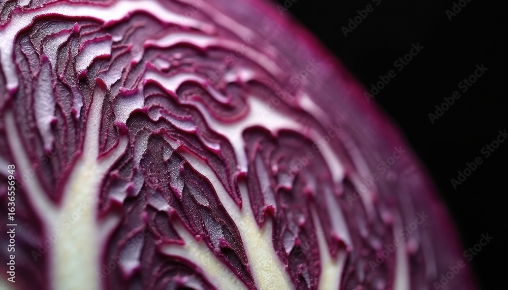 Obraz premium Macro view of red cabbage cross-section intricate patterns, textures. Vibrant purple concentric layers, creamy white veins create striking abstract design against dark, black background. Perfect for