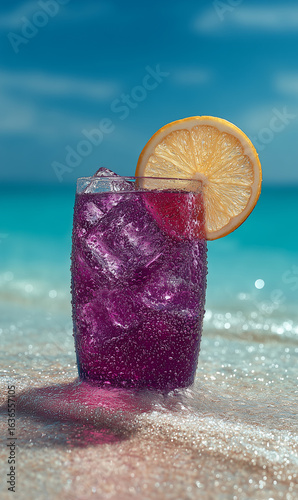 Refreshing Purple Drink with Lemon on Tropical Beach