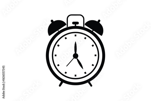 Classic Alarm Clock Illustration with Bell Design in Black and White Silhouette