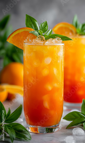 Orange Sunrise Cocktail with Basil Garnish