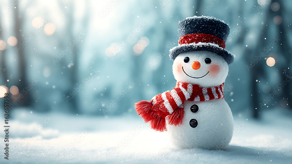 Fototapeta premium Joyful snowman with a striped scarf and top hat in a magical winter forest with soft bokeh lights.