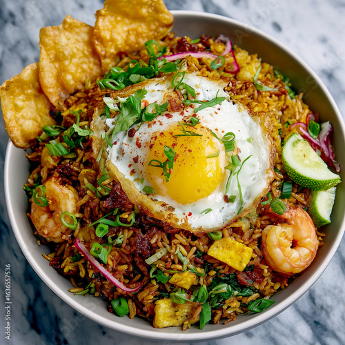 Indonesian Nasi Goreng with Fried Egg and Shrimp