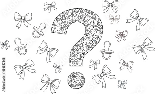 Gender reveal with question mark, pacifiers, and pink and blue bows