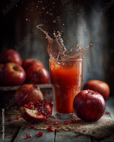 Pomegranate Splash: Rustic Still Life with Fresh Juice