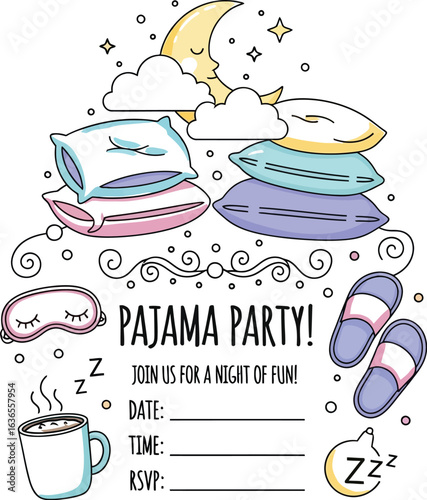 Pajama Party Invitation with Pillows, Moon, and Sleep Mask Design