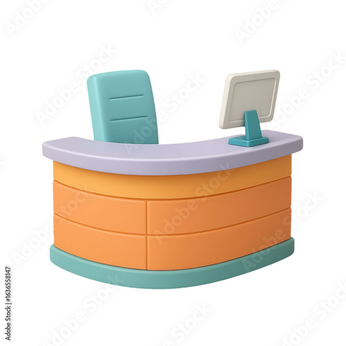 3d rendered reception desk with chair and computer isolated on transparent background