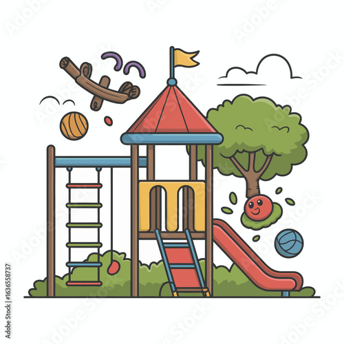 Vibrant cartoon playground scene with tower slide and swings