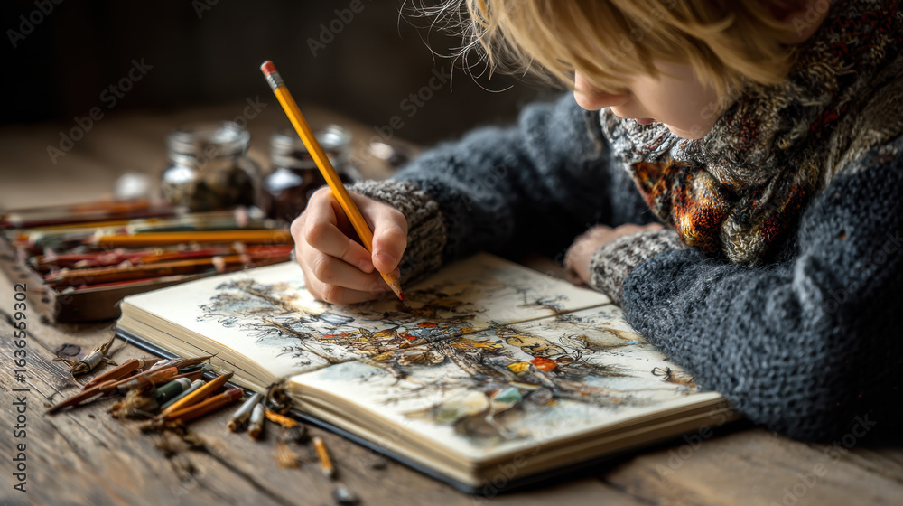 Fototapeta premium Young Boy Drawing in Vintage Sketchbook at Wooden Table