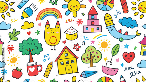 Colorful Kids Crayon Doodle Seamless Pattern with Cute Hand Drawn Elements Including House, Rocket, Cat, Dog, Sun, Rainbow, Flowers, Trees, and Fun Icons – Playful Vector Illustration for Children’s D