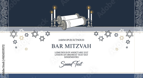 Bar Mitzvah Invitation with Torah Scrolls and Star of David Symbols
