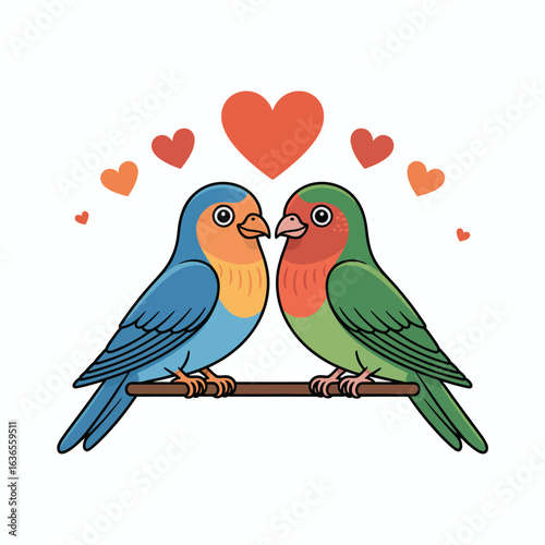 Two lovebirds perched together surrounded by hearts