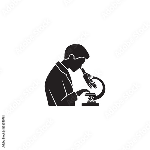 Scientist Using Microscope Silhouette Icon Isolated on White Background