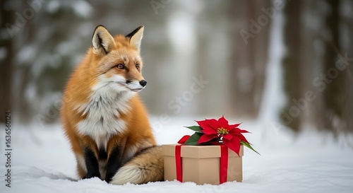 A charming red fox sits in the snow beside a christmas gift with a red poinsettia flower