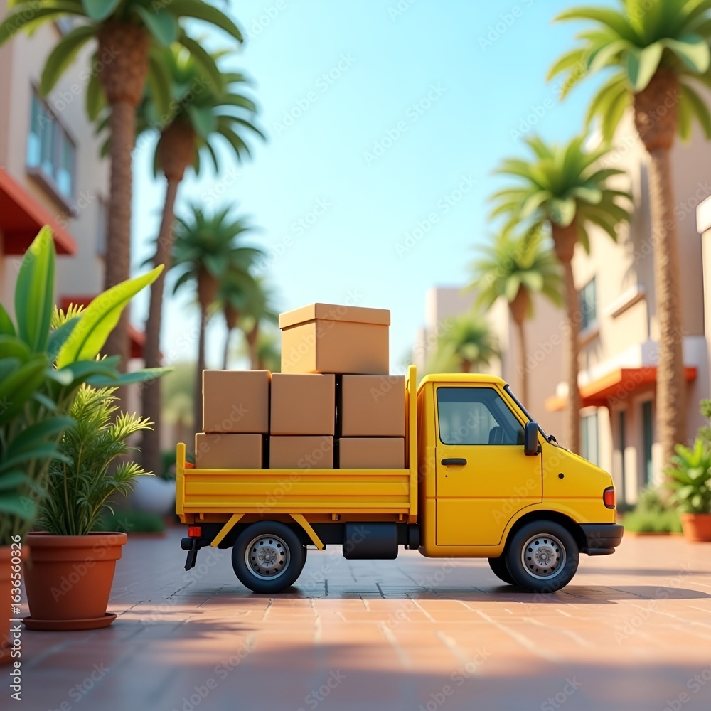 Fototapeta premium Yellow Delivery Truck with Packages in a Tropical City Setting
