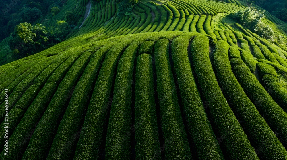 Fototapeta premium Vibrant Lush Green Tea Plantation Landscape on Rolling Hills with Winding Agricultural Patterns