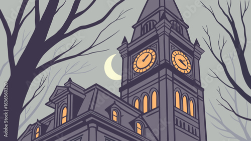 A spooky gothic clock tower with illuminated windows and a crescent moon looms over bare trees on a desolate twilight evening