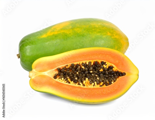 photo for Papaya one cut in half, and one still intact, with white background isolation