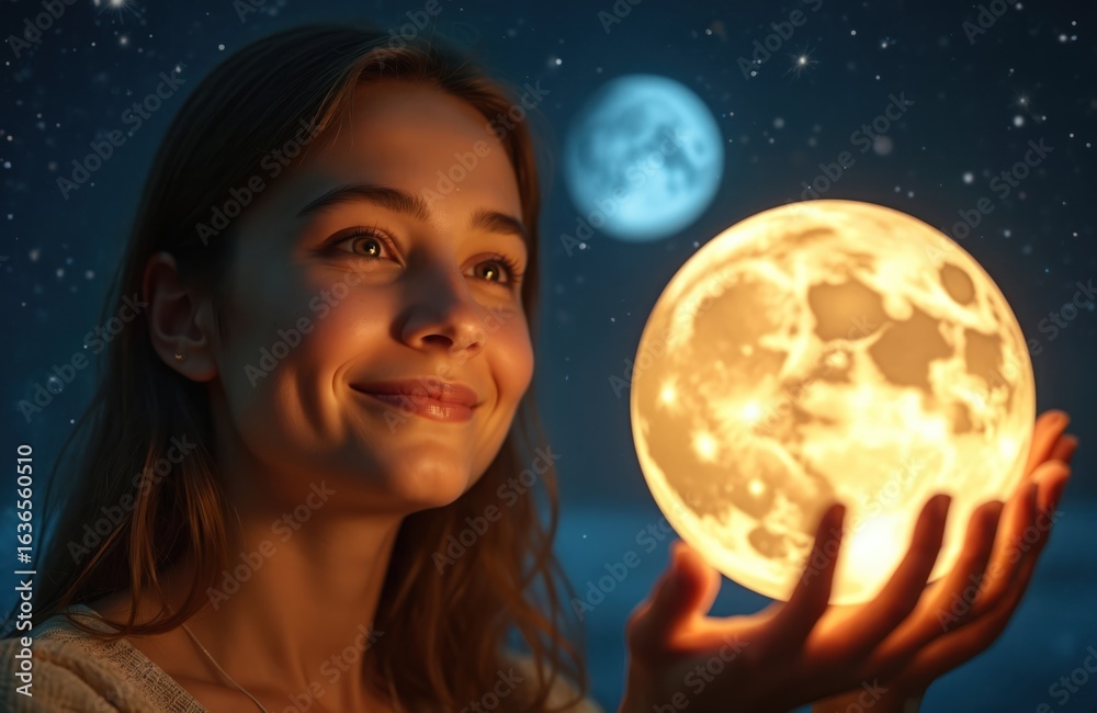 Naklejka premium Young girl holding illuminated moon model, gazing at starry sky. Blue moon, stars visible. Focus on celestial body, learning, astronomy concept. Educational, space exploration, science lesson.