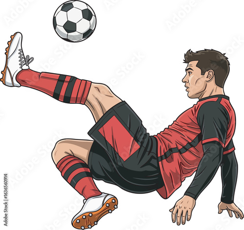Dynamic Football Bicycle Kick Action with Athlete in Mid-Air Performing Acrobatic Goal Attempt on Stadium Field – Vector Sports Illustration