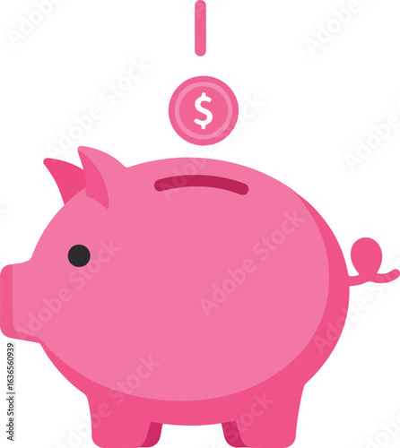 Pink piggy bank with a falling dollar coin for savings.