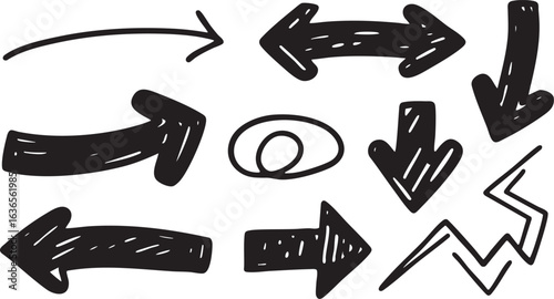 Vector art of set of black brush stroke arrows and check marks isolated on white background